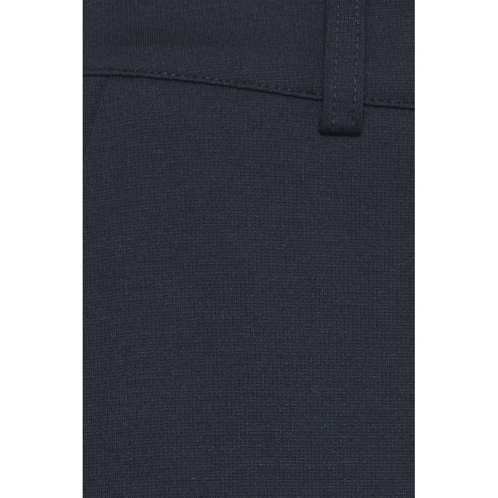 Close-up of ICHI Blue Recycled Polyester Dress Pants fabric texture highlighting quality and color.