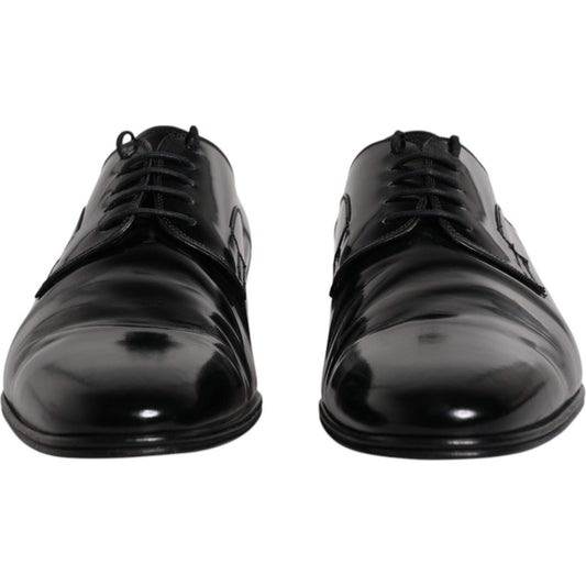 Dolce & Gabbana black leather derby formal shoes, lace-up closure, Italian craftsmanship, calf leather, front view