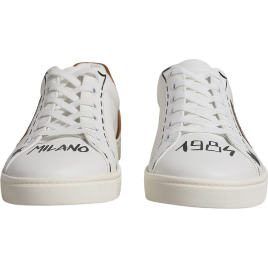 Dolce & Gabbana white and brown low top men's sneakers with Milano and 1984 details, made in Italy, calf leather, exclusive design.