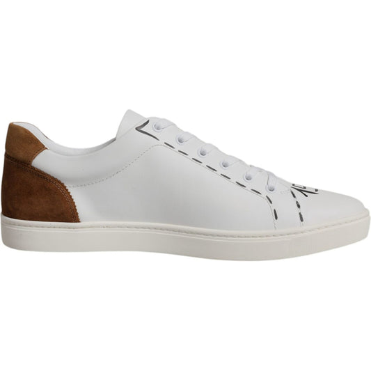 Dolce & Gabbana white brown low top men's sneakers in calf leather with lace-up closure and rubber sole, luxury Italian craftsmanship.