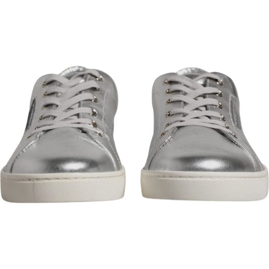 Dolce & Gabbana silver leather low top sneakers with lace-up closure and rubber sole, crafted in Italy, front view.