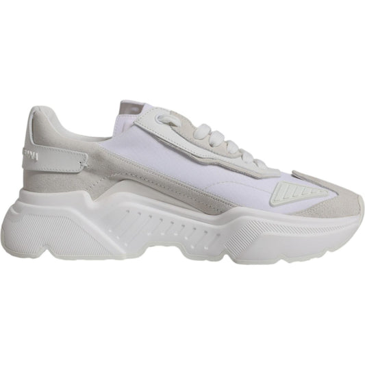 Dolce & Gabbana White Leather Daymaster Low Top Sneakers with logo, rubber sole, lace-up, luxury Italian craftsmanship, side view.