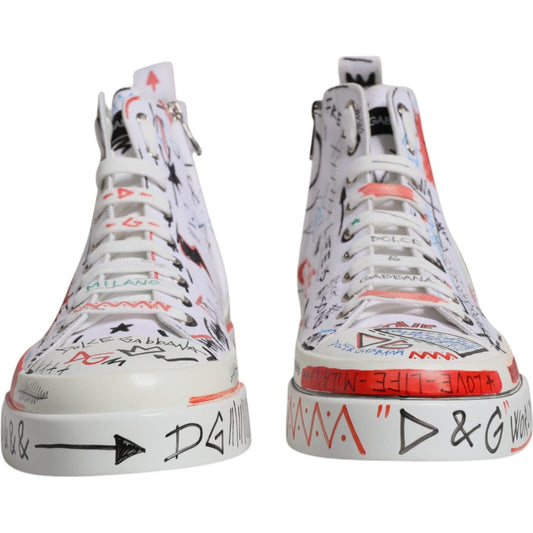 Dolce & Gabbana white cotton graffiti high-top sneakers, lace-up closure, rubber sole, logo details, made in Italy, luxury footwear.