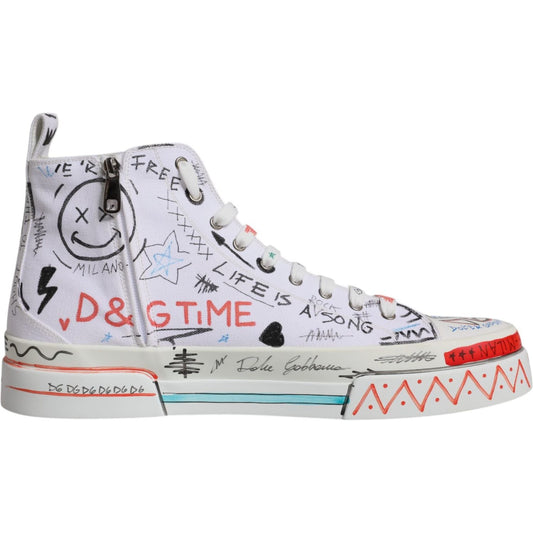 Dolce & Gabbana white high-top sneakers with graffiti print, cotton and leather blend, lace-up with rubber sole, exclusive design.
