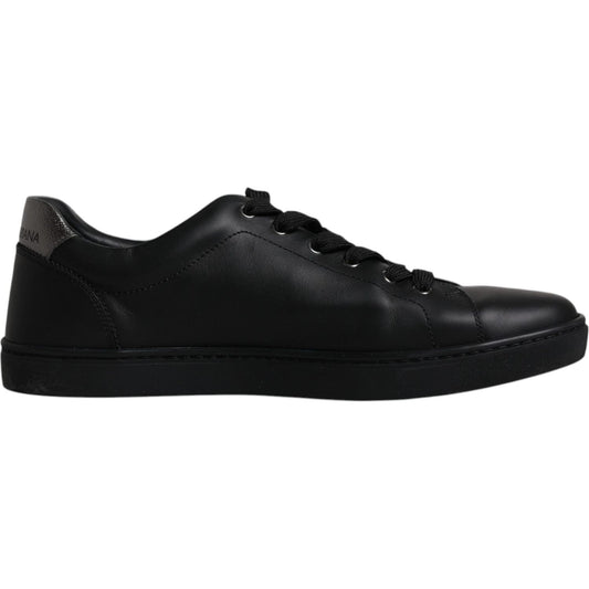 Dolce & Gabbana black leather men's sneakers with red heart detail, rubber sole, lace-up closure, minor logo defect, made in Italy.