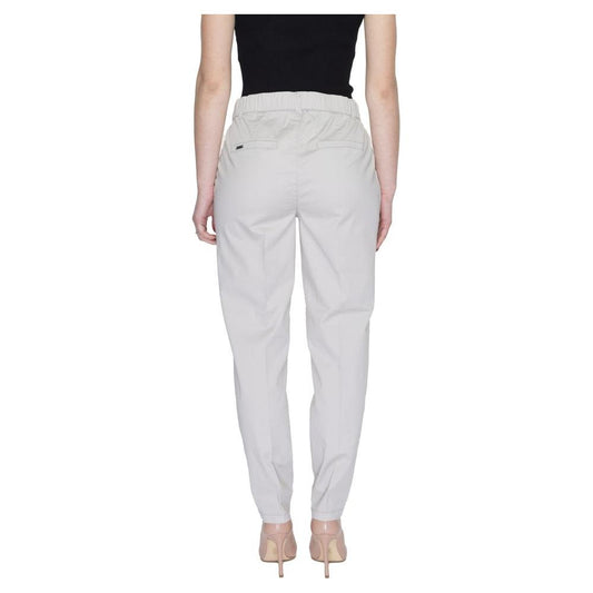 Back view of women's beige cigarette pants by Street One, made from 97% cotton and 3% elastane, perfect for spring/summer.