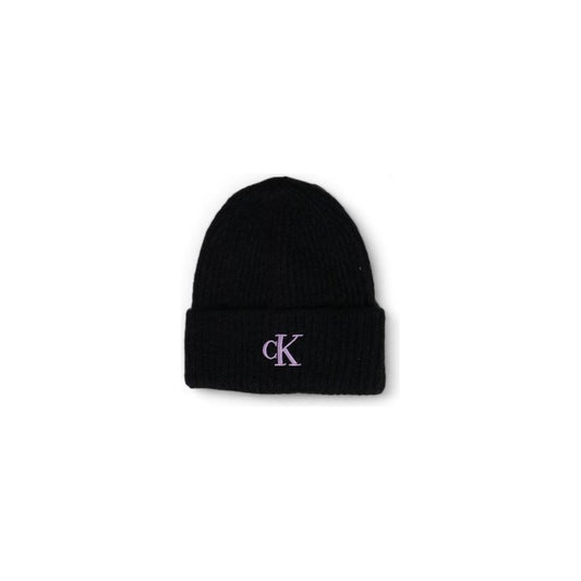Calvin Klein purple acrylic beanie hat with ribbed design and 'CK' embroidery for women, winter accessory.
