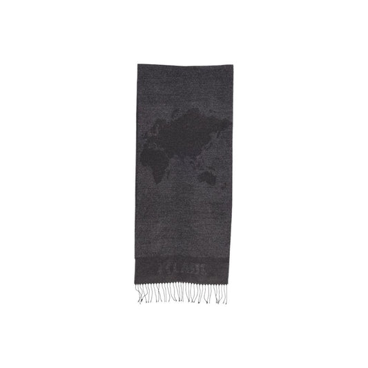 Alviero Martini Prima Classe gray viscose scarf with world map design, part of women's fall/winter collection, made from viscose, polyacrylic, and wool.