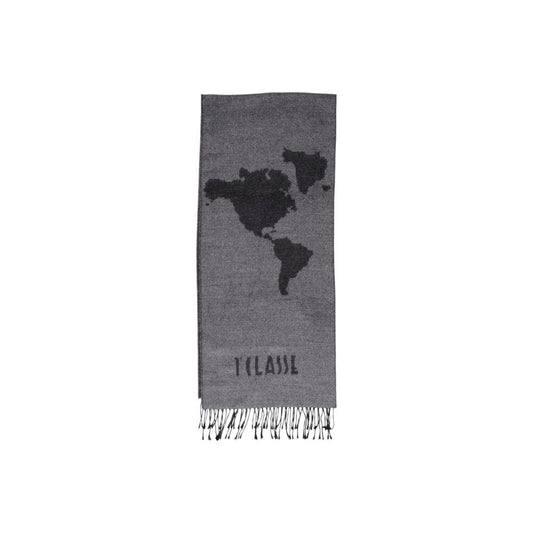 Alviero Martini Prima Classe gray polyacrylic scarf featuring world map design, part of fall/winter women's accessories collection.
