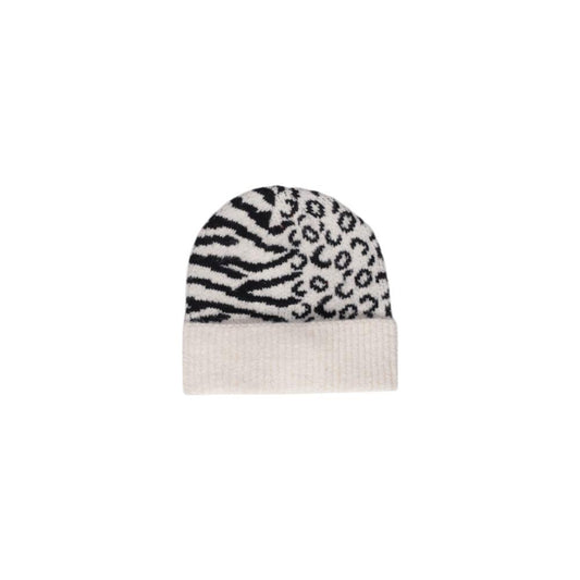 White acrylic animal print beanie with zebra and leopard patterns, perfect for winter fashion. Made from acrylic, polyester, and elastane.