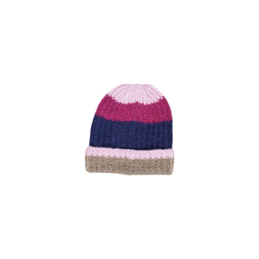 Pieces blue acrylic hat with pink and beige stripes, stylish and cozy beanie for women, perfect for winter outfits.