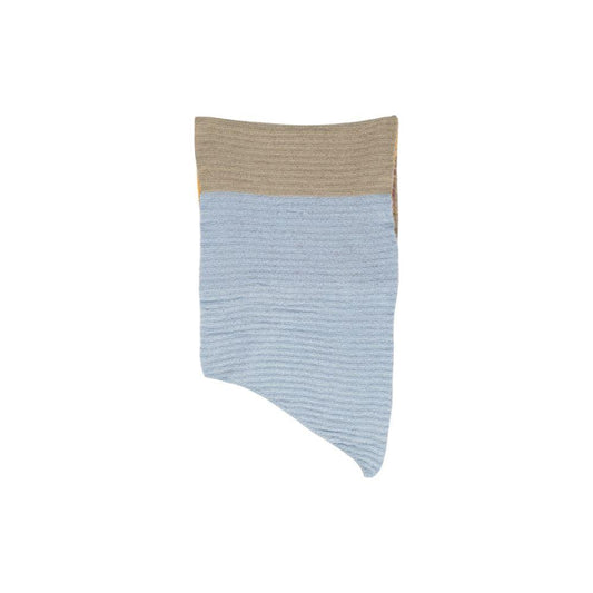 Pieces yellow recycled polyester scarf with blue and brown blocks, sustainable fashion accessory made of recycled materials.