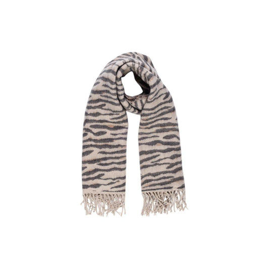 Pieces Beige Acrylic Scarf with zebra print and fringes, made from sustainable materials for chic and versatile style.