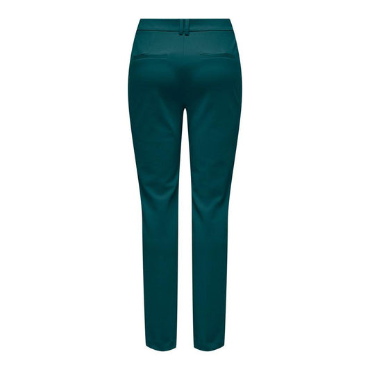 Women's green polyester cigarette pants for fall winter collection, made from 94% polyester, 6% elastane. Back view of pants.