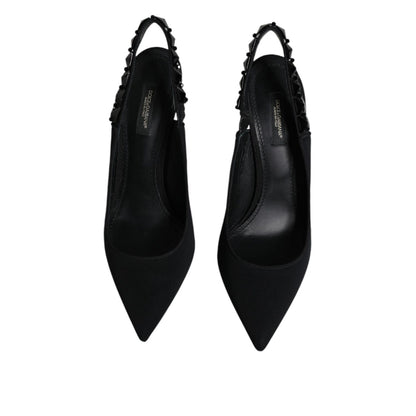 Dolce & Gabbana Black Embellished Charmeuse Slingback Shoes