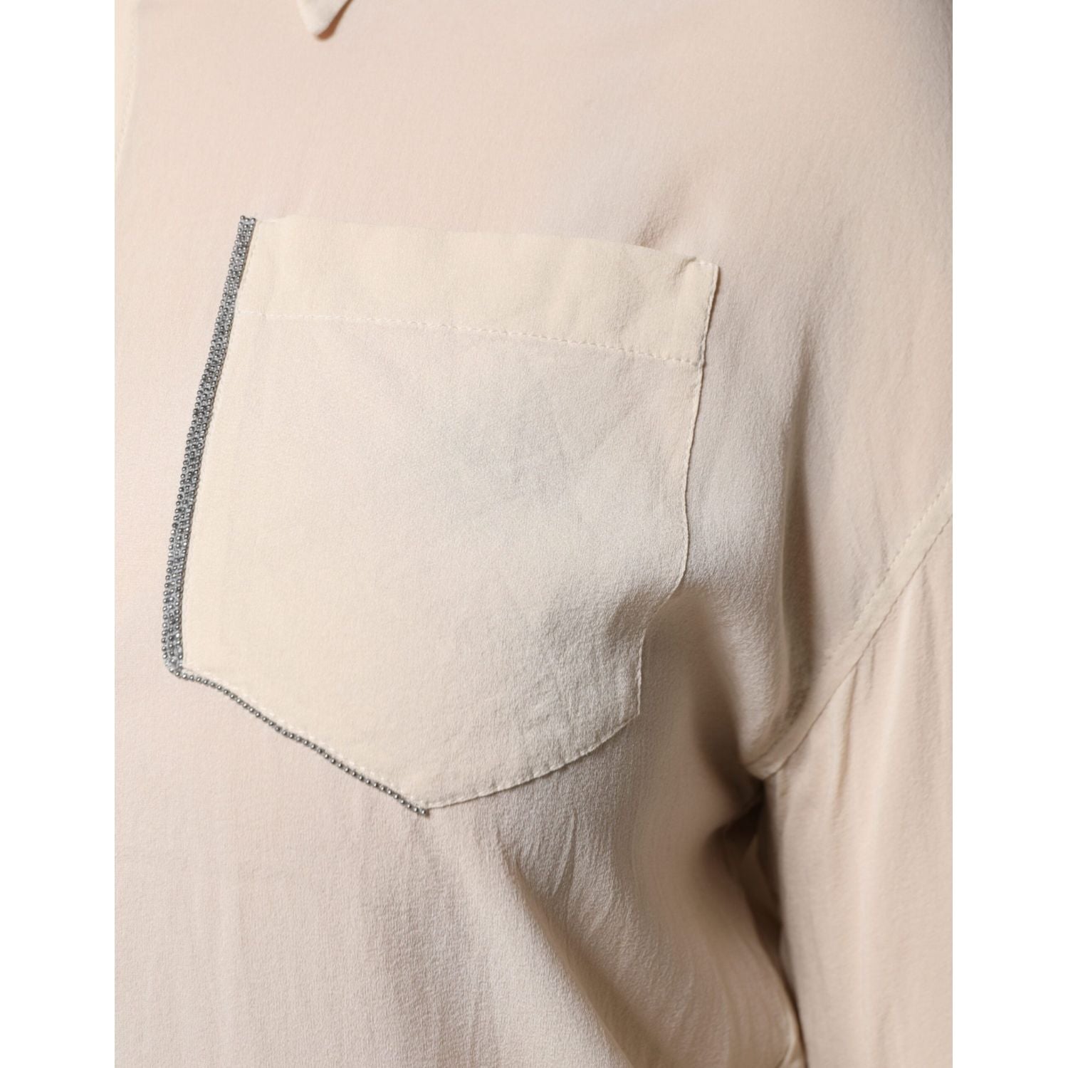 Brunello Cucinelli Beige Silk Blend Collared Button Down Top