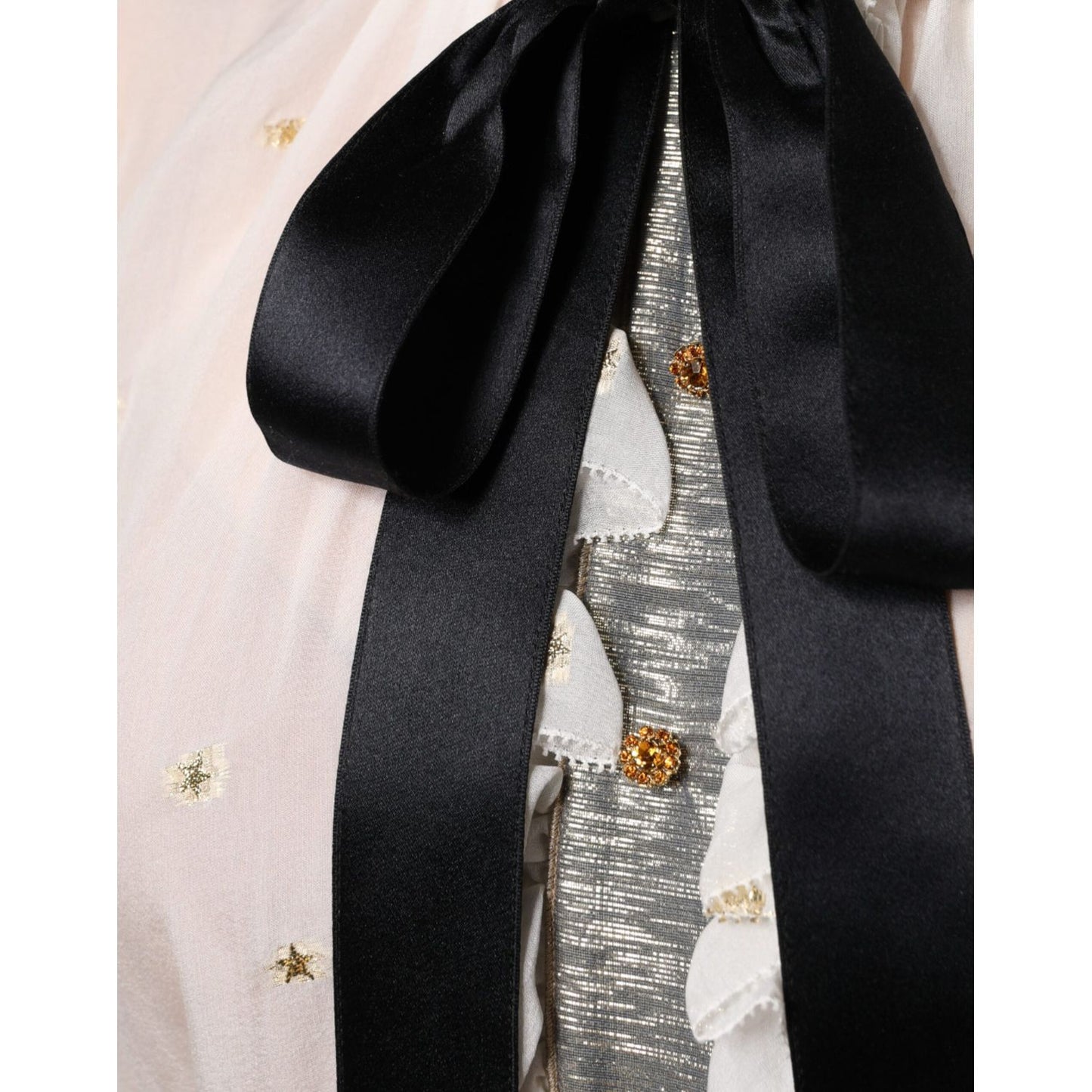 Dolce & Gabbana Off White Silk Blend Ascot Collar Blouse Top