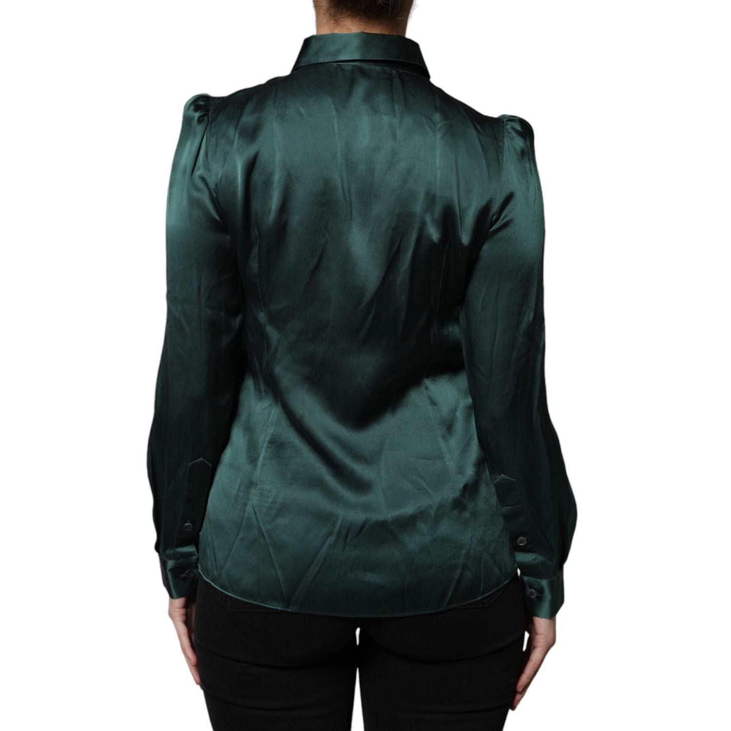 Dolce & Gabbana Dark Green Silk Button Down Long Sleeves Blouse Top
