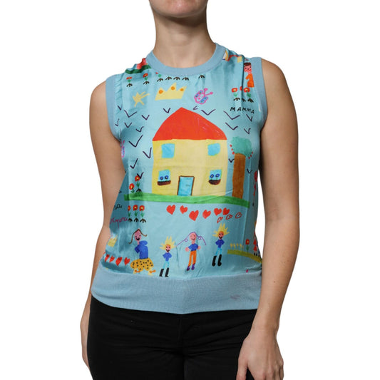 Dolce & Gabbana blue cashmere sleeveless tank top with colorful house print and minor makeup stains, made in Italy.
