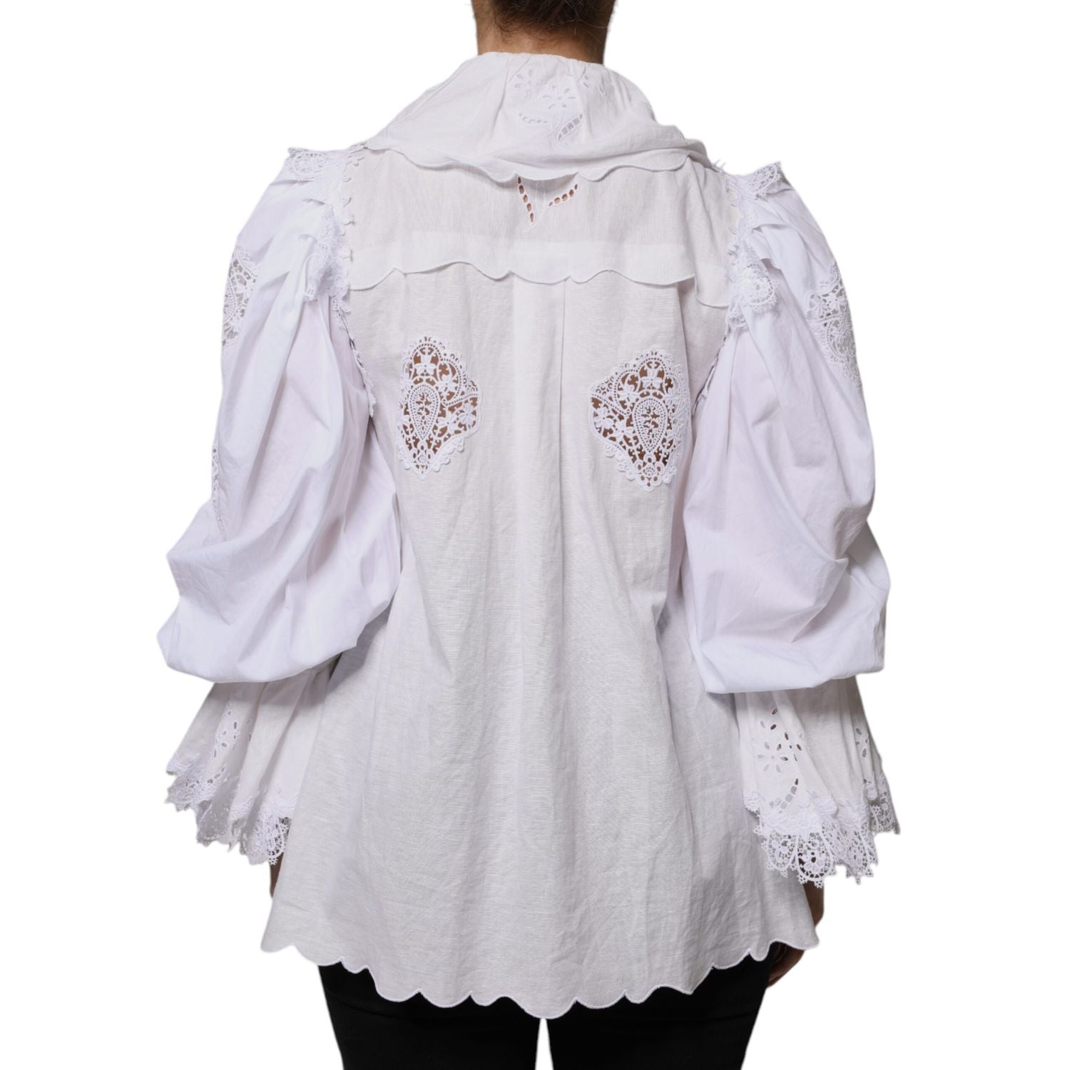 Dolce & Gabbana White Cotton Lace Trim Collared Blouse Top