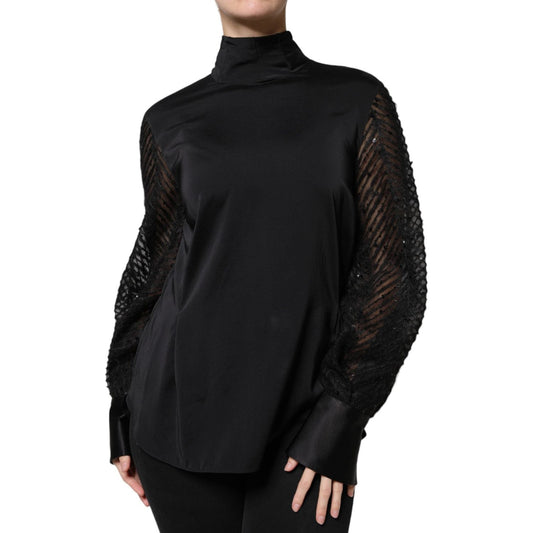 Brunello Cucinelli black silk blend blouse with turtle neck and long sheer sleeves, featuring minor defect in Italy-made elegance.
