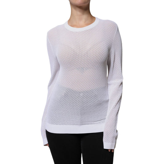Dolce & Gabbana white mesh see-through long sleeves top, made from viscose and polyester, with logo details and minor marks on neckline.