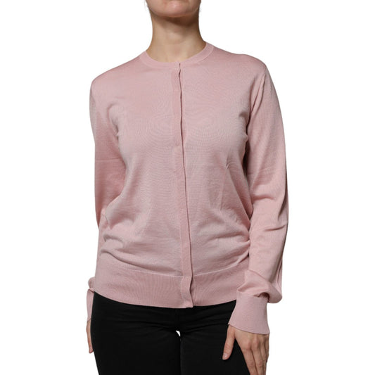 Dolce & Gabbana pink wool knit button-down cardigan sweater, long sleeves, crew neck, organic blend, luxury fashion by Italian designer.