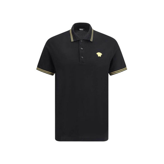 Versace cotton polo shirt with ribbed collar, black with yellow accents, iconic logo patch on front, featuring tone-on-tone buttons.