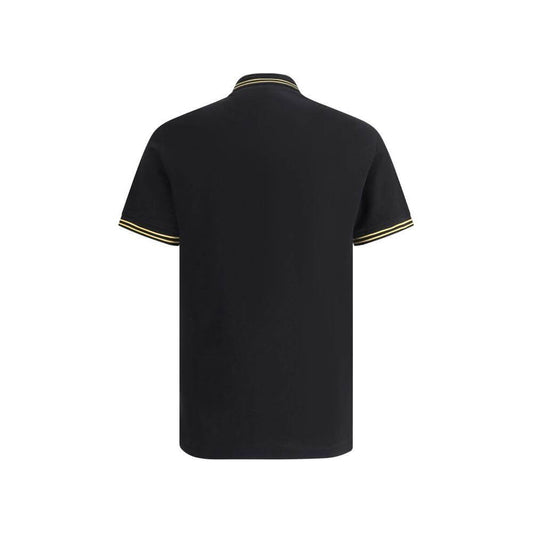 Back view of black Versace cotton polo shirt with ribbed collar and yellow-trimmed sleeves, featuring iconic brand design. Regular fit.