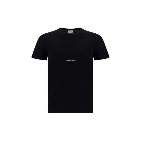 Saint Laurent black cotton T-shirt with ribbed crew neck and contrasting monogram on the front, featuring a monochrome pattern.