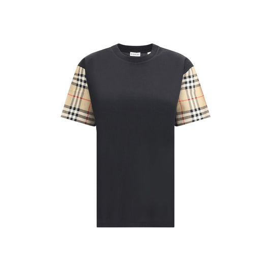 Burberry Black Cotton T-Shirt with Archivio Check sleeves, featuring a ribbed collar for stylish contrast and timeless appeal.