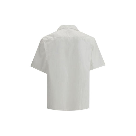 Back view of Prada short-sleeved cotton shirt with Cuban collar and striped pattern.