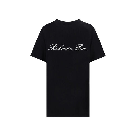 Back view of Balmain cotton T-shirt, black with white monogram, ribbed crew neck, regular fit, monochrome style.