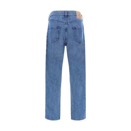 Back view of Prada cotton jeans with classic straight fit and signature leather patch.