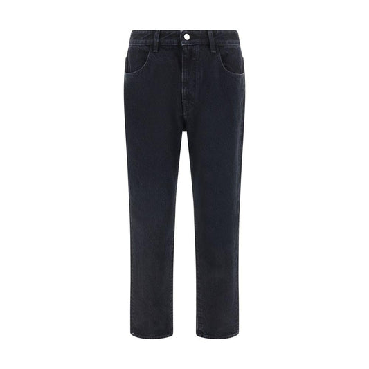 Givenchy cotton denim pants, black straight fit, five pockets, button and zipper closure, iconic leather patch on waistband.