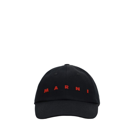 Marni Black Cotton Cap (Baseball Hat) with red monogram, adjustable closure, 100% cotton, front view.
