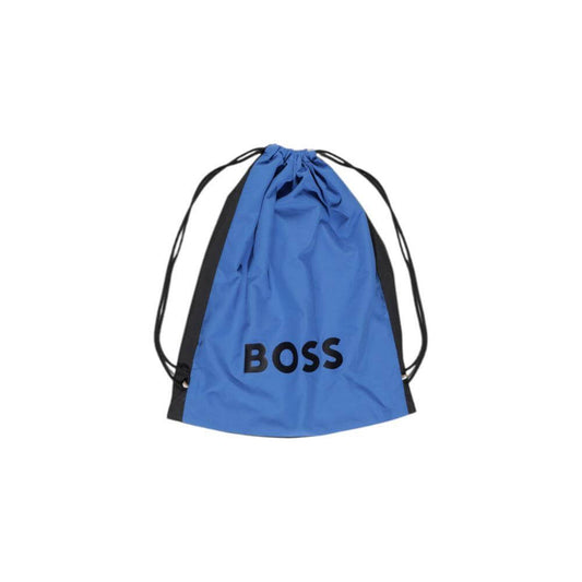 Hugo Boss blue drawstring backpack with black straps and 'BOSS' logo, perfect for carrying swimwear and essentials.