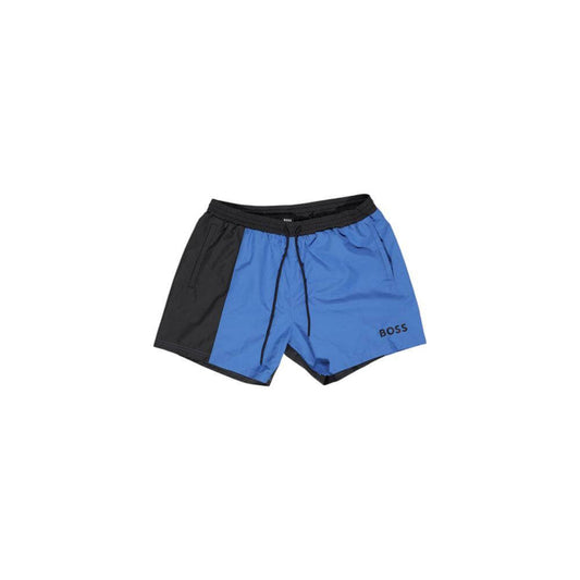 Blue and black Hugo Boss men's polyester swimwear, Fall/Winter collection, featuring 'Boss' logo.