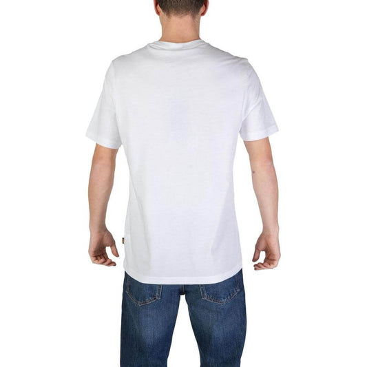 Back view of a men's short-sleeved white cotton t-shirt by Hugo Boss, part of the Fall/Winter collection.