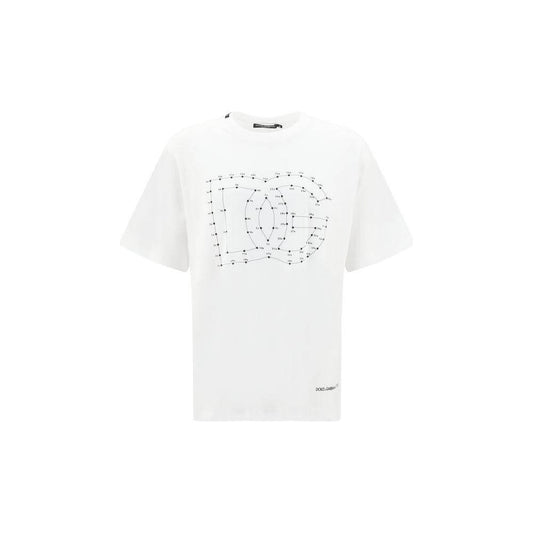 Dolce & Gabbana white T-shirt with ribbed crew neck and large logo design, featuring an elegant monochrome pattern.