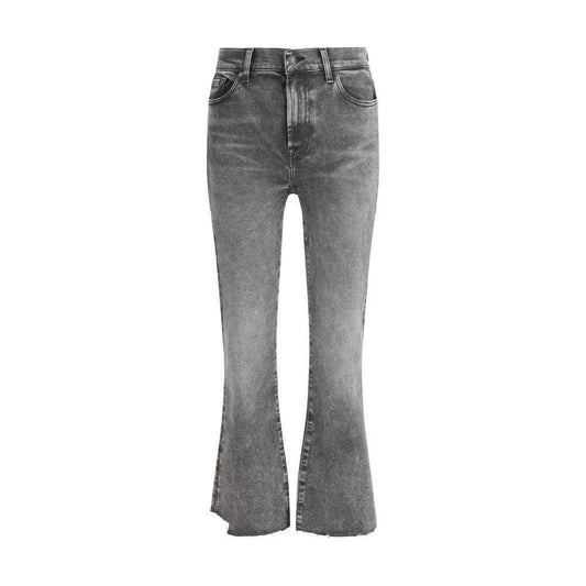 Gray 7FOR cotton jeans featuring mid-rise, five-pocket style, and leather patch. Offers modern fit and classic button zipper closure.