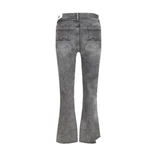 Back view of 7FOR cotton jeans with mid-rise fit, five pockets, and leather logo patch on waistband.
