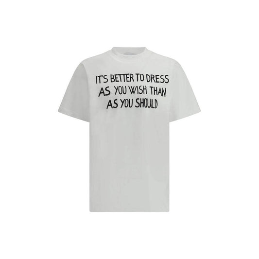 Moschino white T-shirt with bold front text, ribbed crew neck, and iconic monogram; sleek, modern design with monochrome versatility.