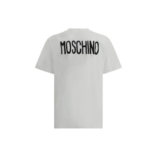 Moschino T-Shirt with bold contrasting lettering on back, featuring modern design and ribbed crew neck for a classic fit.