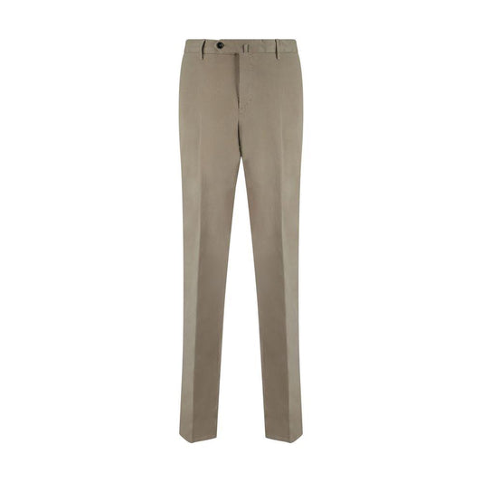 PT Torino cotton pants with front button and zipper, side slash pockets, back welt pockets, and belt loops in a neutral color.