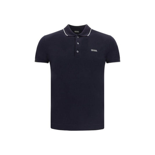 ZEGNA cotton polo shirt in navy with ribbed collar, contrasting profiles, embroidered logo, and tone-on-tone buttons, regular fit.