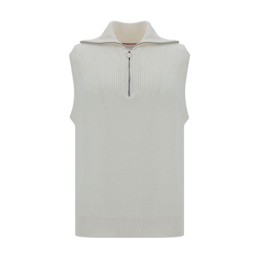 Brunello Cucinelli cotton vest with high collar, front zipper, and wide rib design. Fashionable and elegant for versatile styling.
