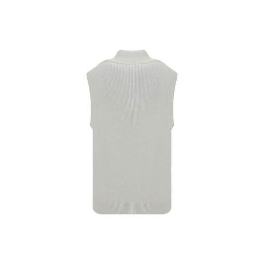 Brunello Cucinelli cotton vest with high collar and half-bust zipper, featuring all-over wide rib design and fine rib hem.