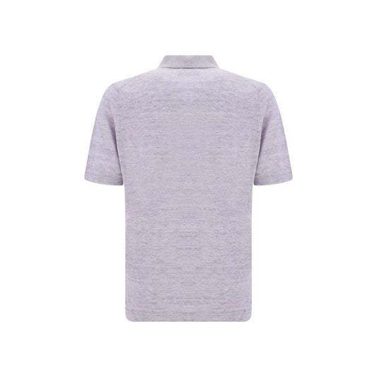 Brunello Cucinelli linen polo shirt with ribbed collar and tone-on-tone buttons, showcasing a mélange pattern for elegant style.