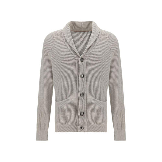 Brunello Cucinelli ribbed cotton cardigan with shawl lapel, button closure, logo detail, and front welt pockets for style and functionality.